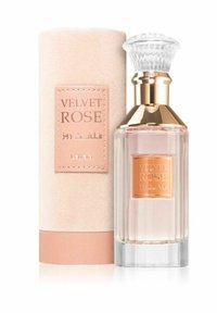 Transparent glasparfymflaska med geometrisk form, gyllene accenter och ett texturerat glaskap. Åtföljs av en texturerad blushrosa cylindrisk l åda märkt "Velvet Rose."