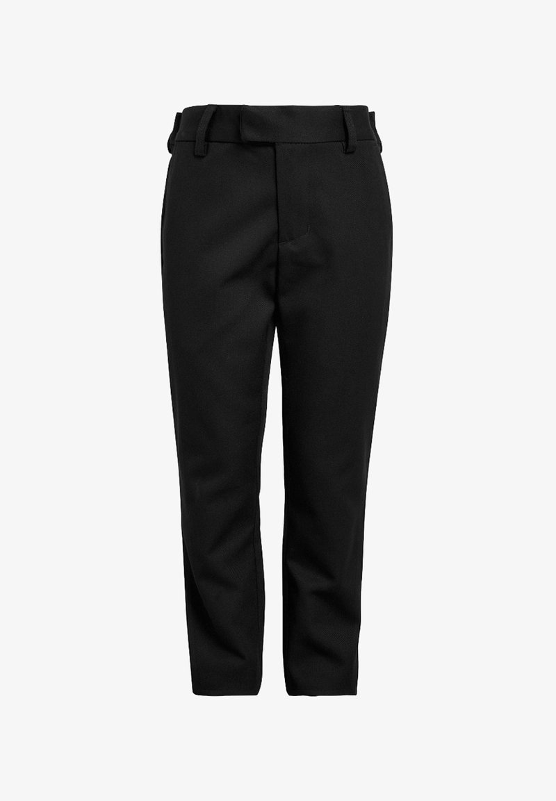 Pantalones negros, fabricados con un tejido suave. Cuentan con una cinturilla con pasadores para cinturón, bolsillos laterales y un diseño de pierna ajustada.