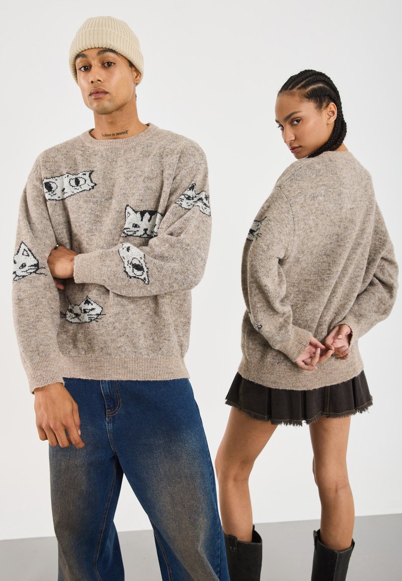 Hellbraunes Strickpullover mit Katzenmotiven, runder Ausschnitt und gerippten Bündchen. Kombiniert mit blauen Jeans und einem schwarzen Rock, betont mit Stiefeln.