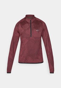 Maroon polu-zip dukserica s geometrijskim uzorcima, dugim rukavima i crnim rubom. Materijal ima glatku, teksturiranu završnu obradu.