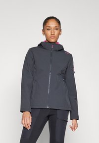 Black softshell jacket with a fitted design, featuring a hood, zippered pockets, and purple accents on the collar and zippers.