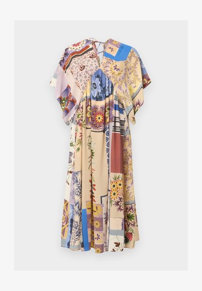 Μάξι φόρεμα με πατςγουορκ λουλουδάτα και γεωμετρικά μοτίβα σε παστέλ αποχρώσεις, με φαρδιά μανίκια και δέσιμο στο λαιμό στο πίσω μέρος.