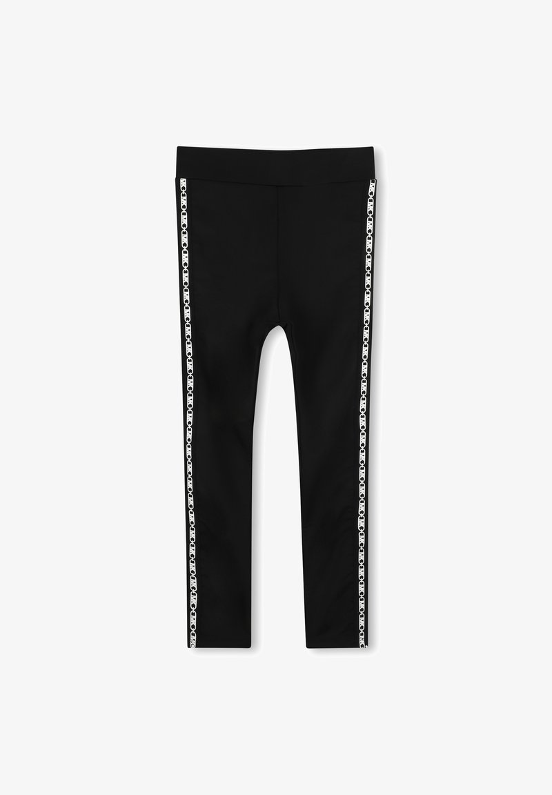 Leggings noirs au toucher lisse, dotés de bandes latérales blanches à motifs et d'une coupe ajustée. Idéaux pour une utilisation active ou décontractée.