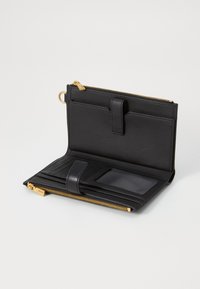 Black leather wallet featuring a zip closure, gold hardware, multiple card slots, a clear ID slot, and an interior organizer.