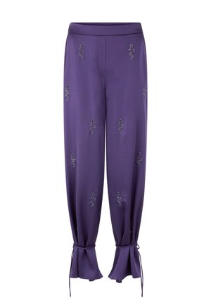 Purple satin trousers with embroidered snake motifs, wide-leg design, gathered cuffs with ties, smooth texture, and an adjustable waistband.