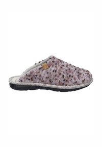 Woolen slipper in pink with speckled brown patterns, soft texture, closed toe, and a gray rubber sole with a slight curve for comfort.