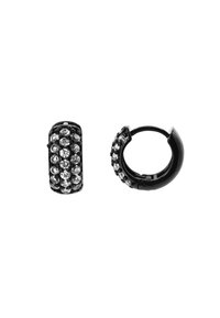 Pendientes de aro negros con una superficie texturizada y cristales de rhinestone claros incrustados en un patrón lineal a lo largo de un lado.