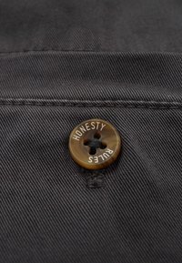Brown circular button with engraved text "HONESTY RULES" attached to dark gray fabric, showcasing textured fabric pattern and stitching detail.