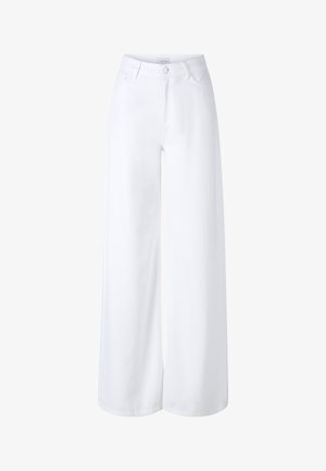 Weite weiße Jeans aus Denim, mit hoher Taille, frontseitigen Taschen und einem klassischen Fünf-Taschen-Design mit Reißverschluss.