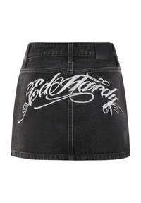 Black denim mini skirt featuring white cursive "Ed Hardy" logo, a high waist, and a classic cut with minimal hardware.