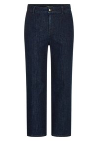 Pantalons en denim bleu foncé avec une coupe décontractée, dotés d'une fermeture à bouton sur le devant et de détails cousus le long des poches et des coutures.