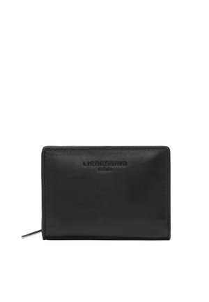 Schwarze Lederbörse mit geprägt Branding. Verfügt über ein minimalistisches Design, glatte Textur und ein silberfarbener Reißverschlussdetail.