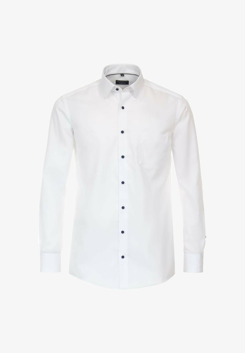 Weißes Langarmhemd mit spitzem Kragen, ausgestattet mit dunkelblauen Knöpfen, einer Brusttasche und glattem Stoffgefühl.