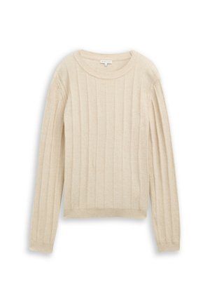 Kootud sviiter heles bees i vertical ribitud tekstuuriga, ümar kaelus ja pikad varrukad. Omab sobivaid mansette ja ääri.