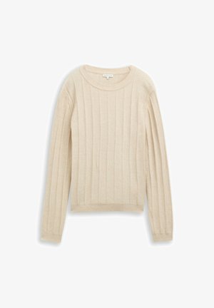 Kootud sviiter heles bees i vertical ribitud tekstuuriga, ümar kaelus ja pikad varrukad. Omab sobivaid mansette ja ääri.