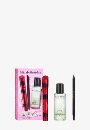 Elizabeth Arden Augen-Make-up-Geschenkset mit zwei roten Mascaras, schwarzem Eyeliner-Stift und Flasche mit Make-up-Entferner für Augen und Lippen.