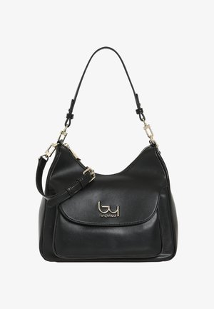 Borsa a mano in pelle nera con forma curva, tracolla regolabile, dettagli in oro e patta frontale con logo in rilievo.