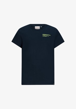 Granatowa bawełniana koszulka z krótkim rękawem. Na piersi znajduje się zielony tekst "ESSENTIAL Pieces IT STARTS WITH YOU." Prosty design.