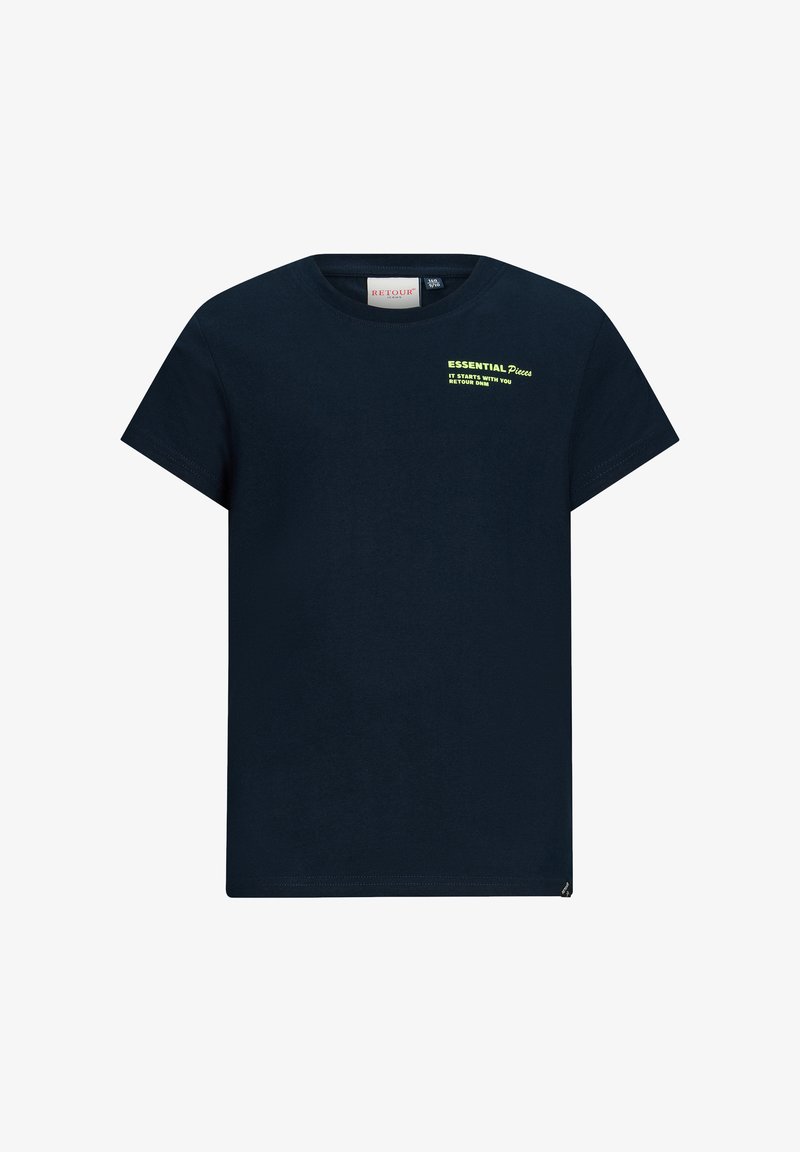 Maglietta in cotone blu navy con maniche corte. Presenta un testo verde sul petto che recita "ESSENTIAL Pieces IT STARTS WITH YOU." Design semplice.