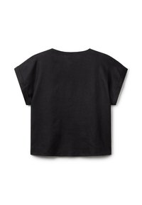 Haut noir à manches courtes avec un col rond et une coupe décontractée. Fabriqué en lin léger avec une texture lisse et des lignes épurées.