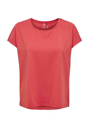 Coral pink short-sleeve athletic T-shirt with round neckline and subtle logo on upper chest, displayed on white background.