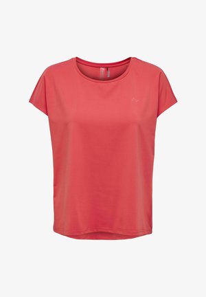 Coral pink kortærmet atletisk T-shirt med rund halsudskæring og diskret logo på øverste del af brystet, vist på hvid baggrund.