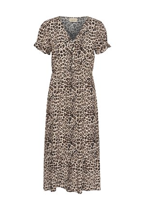 Leopard print dress in beige and black, made of lightweight fabric, featuring a V-neckline, short ruffled sleeves, and button closures.