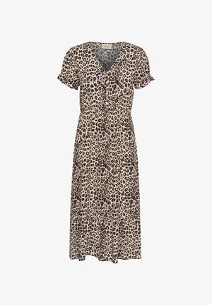 Beige és fekete leopárdmintás ruha, könnyű anyagból készült, V-nyakú, rövid fodros ujjakkal és gombos záródással.