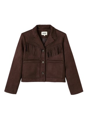 Veste courte en suédine marron avec détails en franges, col cranté, deux poches avant et fermeture par boutons.