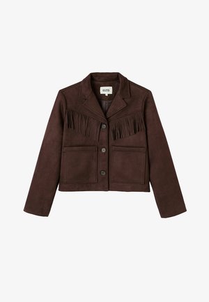 Veste courte en suédine marron avec détails en franges, col cranté, deux poches avant et fermeture par boutons.