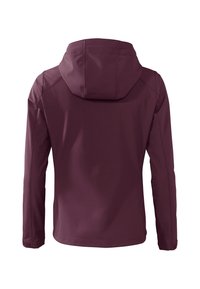 Bordeauxkleurige softshell jas, met een capuchon, lange mouwen en een gladde textuur. Naaddetails verbeteren het ontwerp aan de achterkant.
