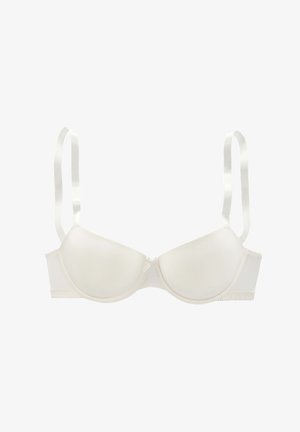 Mīksts, krēmkrāsas krūšturis ar gludu audumu, pielāgojamām satīna siksnām un centrālu dekoratīvu vilci. Smalka zīda apdare gar joslu.