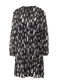 Robe noire plissée à manches longues avec imprimé abstrait blanc coups de pinceau et détail lien à nouer au col froncé.