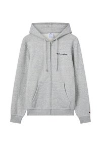 Grauer Reißverschluss-Hoodie aus weichem Material. Verfügt über eine Kängurutasche, eine Kapuze mit Kordelzug und ein kleines besticktes Champion-Logo in Marineblau.