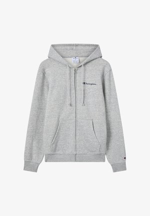 Felpa grigia con zip realizzata in tessuto morbido. Presenta una tasca a marsupio, cappuccio con cordino e un piccolo logo Champion ricamato in blu navy.