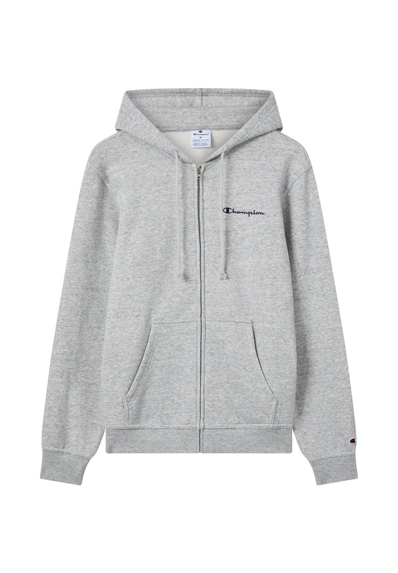 Grauer Reißverschluss-Hoodie aus weichem Material. Verfügt über eine Kängurutasche, eine Kapuze mit Kordelzug und ein kleines besticktes Champion-Logo in Marineblau.