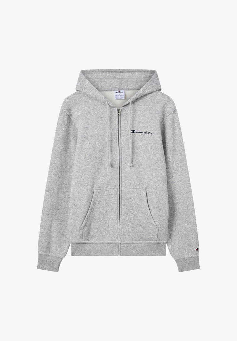 Grauer Reißverschluss-Hoodie aus weichem Material. Verfügt über eine Kängurutasche, eine Kapuze mit Kordelzug und ein kleines besticktes Champion-Logo in Marineblau.