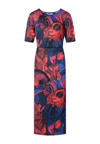 Buntes Kleid mit taillierter Silhouette, das ein auffälliges abstraktes Muster in Rot, Blau und Schwarz zeigt. Kurze Ärmel und runder Halsausschnitt.
