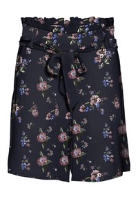 Shorts bleu marine à motif floral, fabriqués en tissu léger, avec une ceinture volantée, une ceinture à nouer et des accents floraux multicolores.