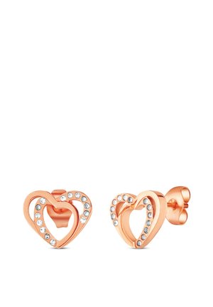 Rose gold heart-shaped earrings featuring two open hearts outlined with clear gemstones, polished finish, and post-back fastening.