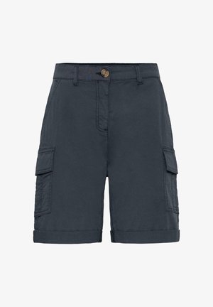 Pantaloncini cargo blu scuro con chiusura a bottone, passanti per cintura, tasche laterali con patta e orli risvoltati.