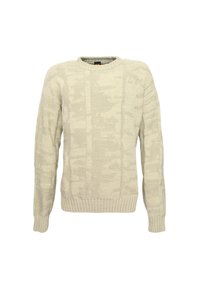 Ljust grått stickat tröja med en texturerad geometrisk mönster, rundhals, samt ribbade manschetter och fåll. Mjuk tyg med medel tjocklek.