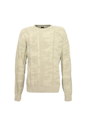 Maglione lavorato a maglia grigio chiaro con un motivo geometrico testurizzato, colletto a giro e polsini e orlo a costine. Tessuto morbido di media pesantezza.