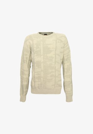 Ljust grått stickat tröja med en texturerad geometrisk mönster, rundhals, samt ribbade manschetter och fåll. Mjuk tyg med medel tjocklek.