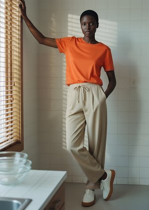 Oranges Kurzarmhemd, beige Plissee-Hosen mit Kordelzug und weiße Sneakers mit Gummisohlen. Neutraler Fliesenhintergrund.