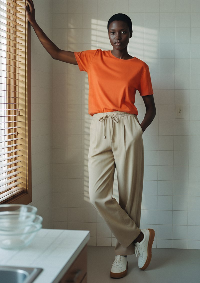 Oranžová košile s krátkým rukávem, béžové plisované kalhoty s gumou na stahování a bílé tenisky s hnědými podrážkami. Neutrální dlaždicové pozadí.