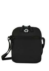 Borsa a tracolla nera realizzata in tessuto testurizzato, con chiusura con zip, tracolla regolabile e logo del riciclo sulla parte anteriore.