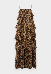 Maksikombinezon bez rukava u boji peska s crnim leopard uzorkom. Sadrži naborane slojeve i tanke, podesive naramenice. Izrađen od laganog materijala.