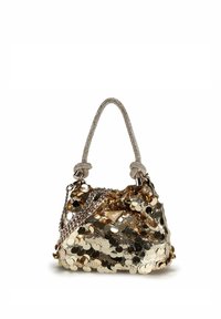 Borsa a tracolla in paillettes dorate con forma arrotondata, dettagli in catena argento e manici intrecciati. Superficie strutturata con particolari circolari riflettenti.