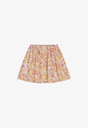 Falda floral con patrones de flores en rosa y amarillo sobre un fondo crema, cinturilla elástica y diseño fruncido con una forma acampanada.